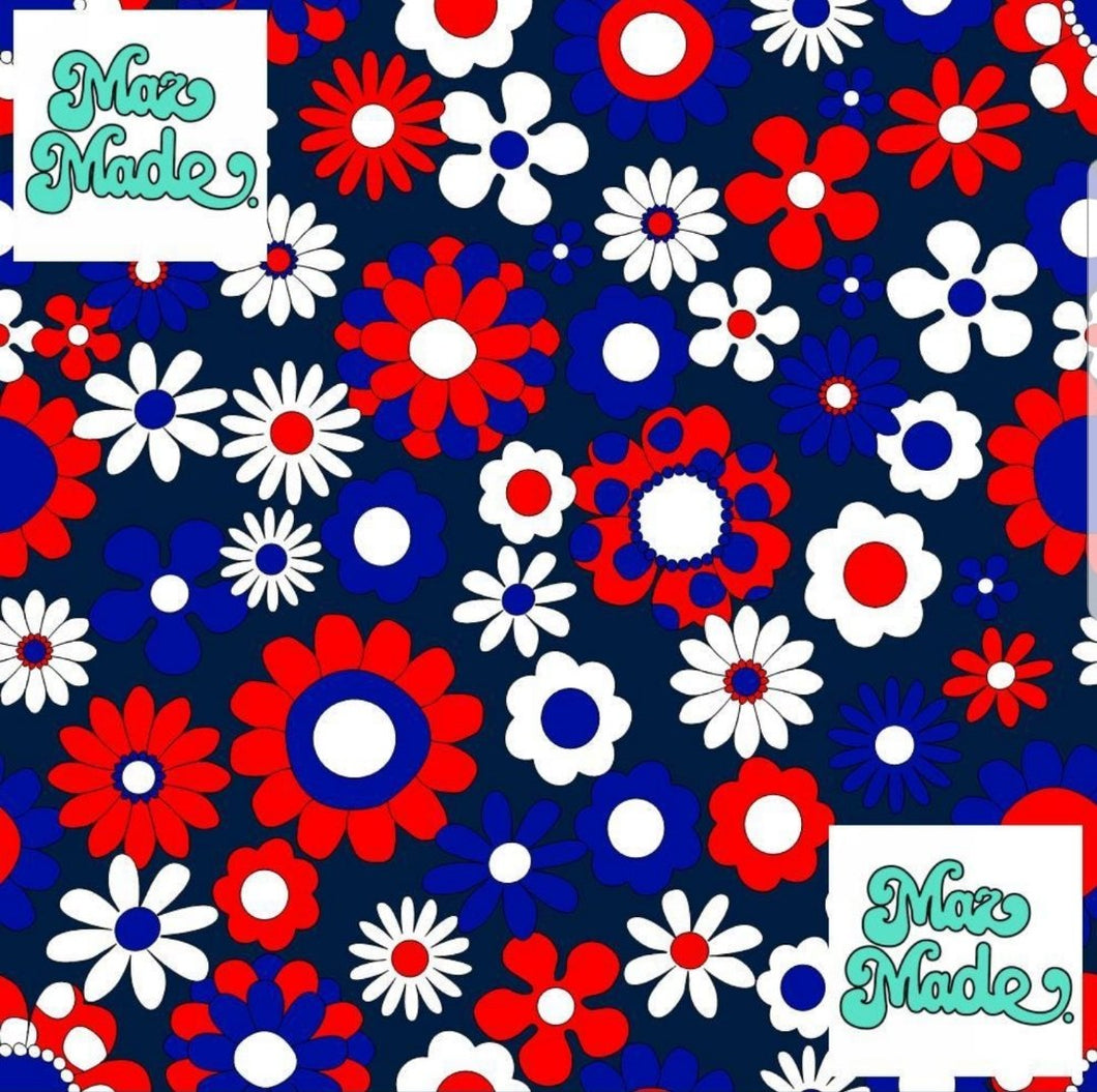 Blue Red Daisy Faux Leather Lychee Textured Vinyl 0.6mm