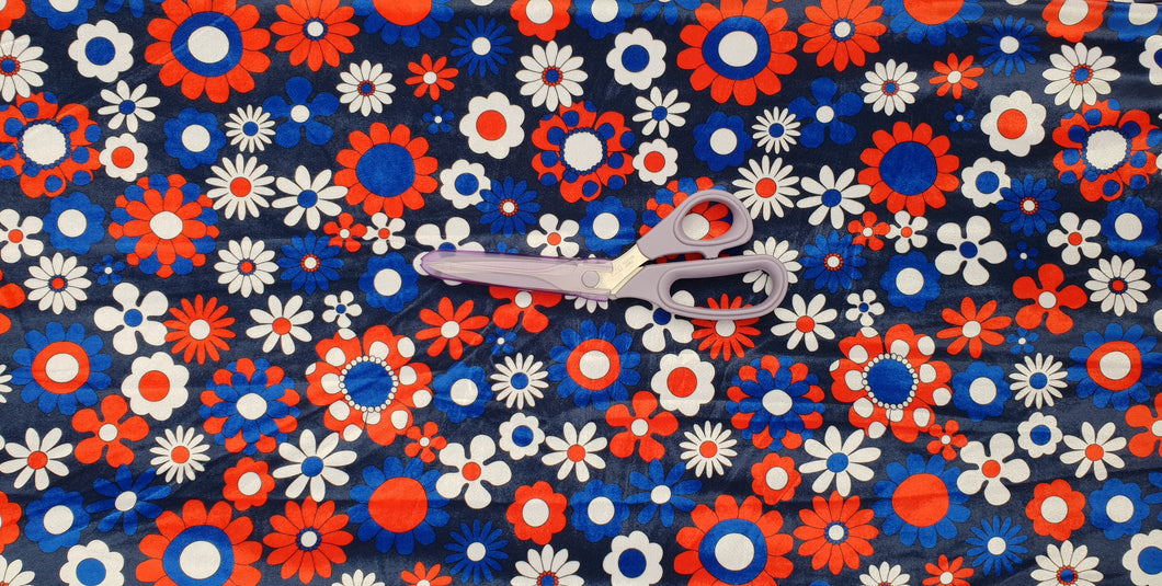 Red and Blue Daisy Stretch Velvet (30cm x 30cm repeat)